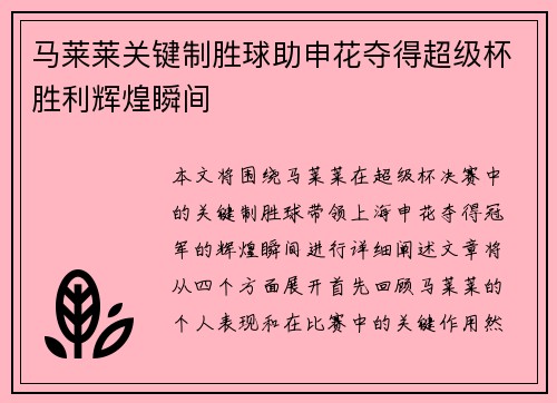 马莱莱关键制胜球助申花夺得超级杯胜利辉煌瞬间